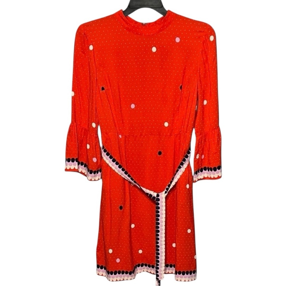 Boden Armelle Red Spot Midi Dress 10R Flare Elbow Sleeve Waist Tie Knee Length
